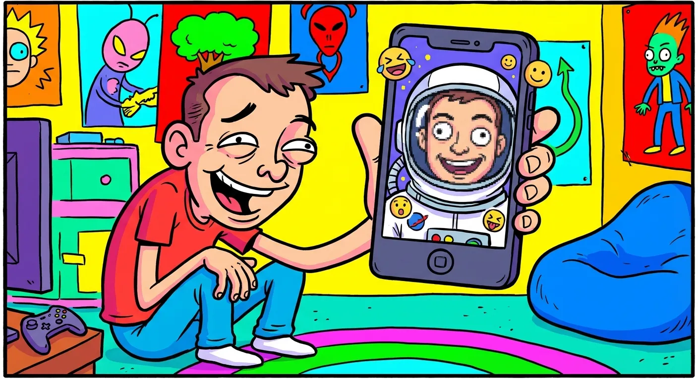Cartoon illustration of a person laughing while using a face swap app to put their face into an astronaut helmet