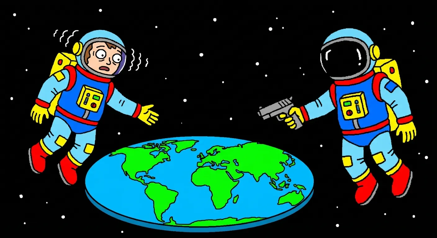 Cartoon illustration of the original MSPaint-style flat Earth astronaut meme with two crude astronauts in space