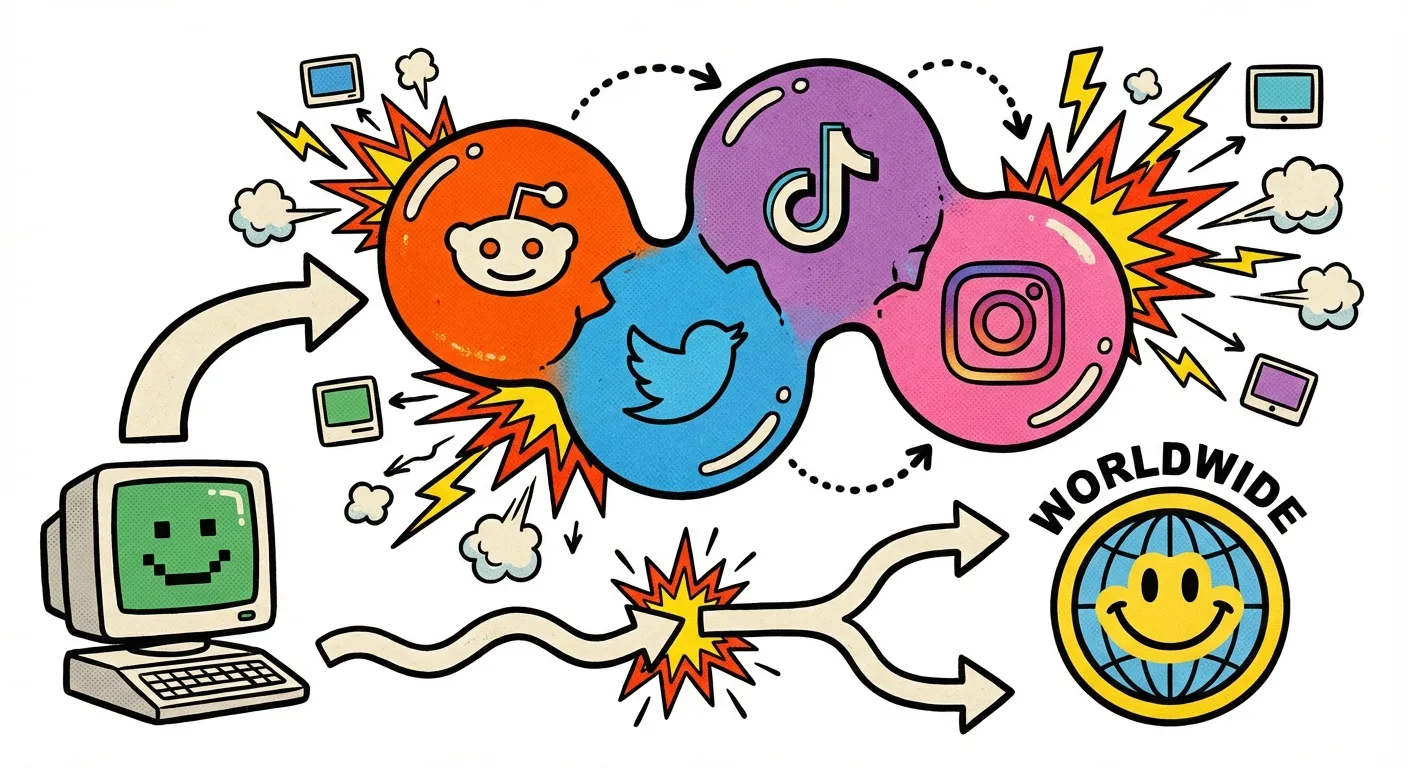 Cartoon illustration showing the Always Has Been meme spreading virally across social media platforms with colorful explosion effects