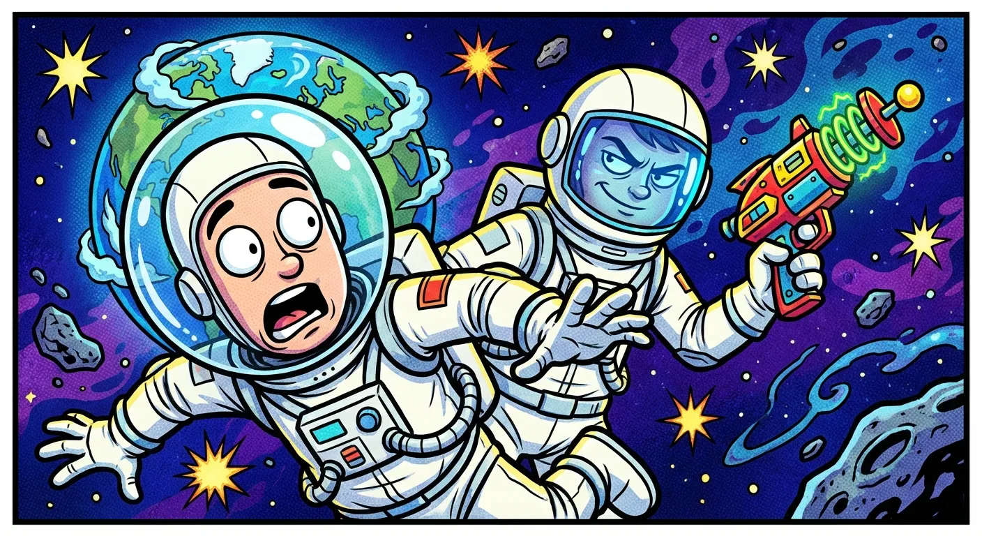 Cartoon illustration of two astronauts in space, one shocked and one holding a gun — the classic Always Has Been meme layout