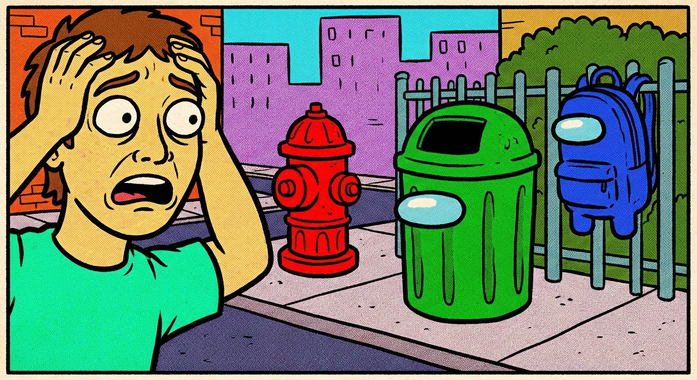 Cartoon illustration of everyday objects like a fire hydrant, trash can, and backpack all resembling the Among Us crewmate silhouette, with a person staring in horror