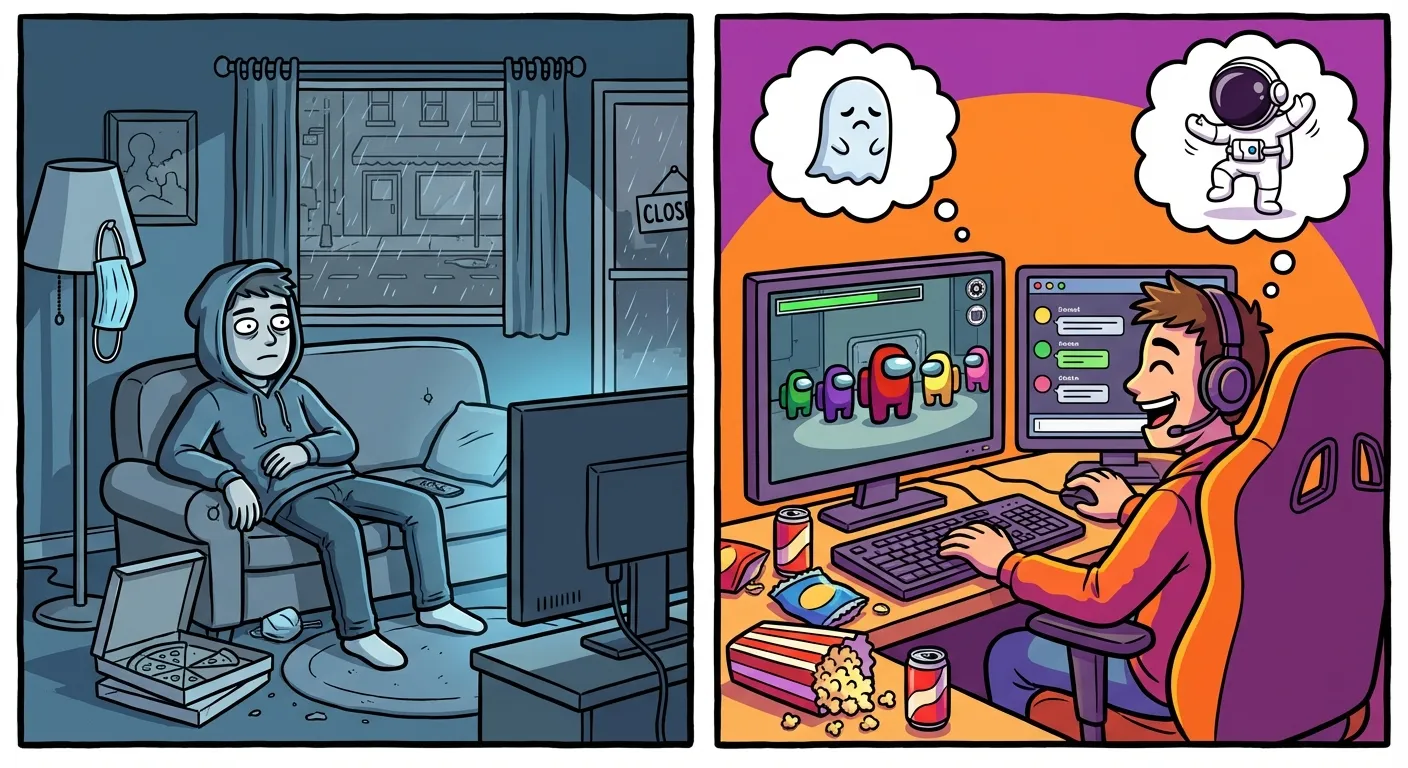 Cartoon illustration showing a person bored during COVID lockdown on one side, and happily playing Among Us on their computer on the other side