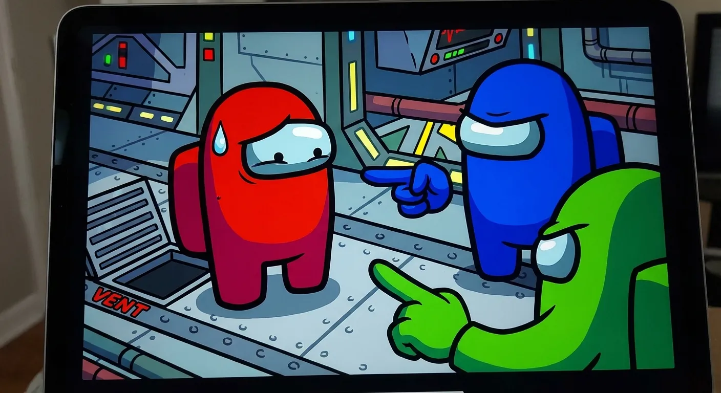 Cartoon illustration of a red Among Us crewmate standing suspiciously near a vent while blue and green crewmates point accusingly