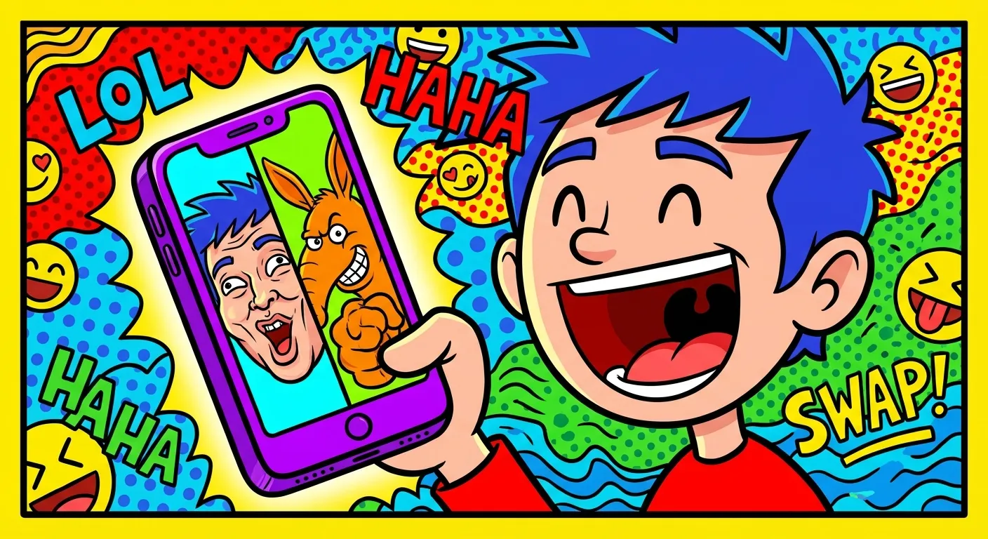 Cartoon illustration of a person laughing while using a face swap app with Arthur's fist meme appearing on their phone screen