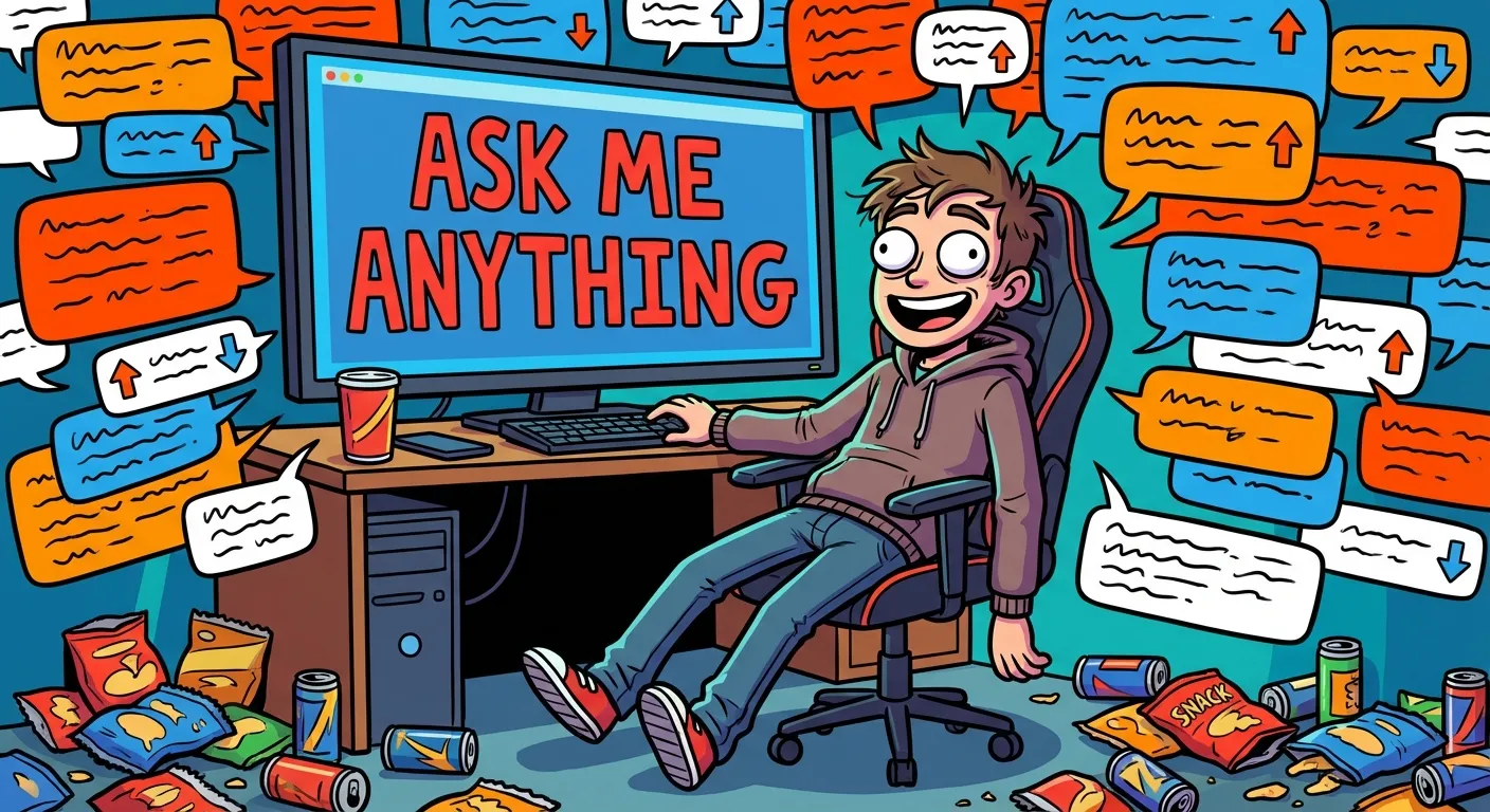 Cartoon illustration of a young man at a computer surrounded by thousands of floating Reddit comment bubbles during an Ask Me Anything session