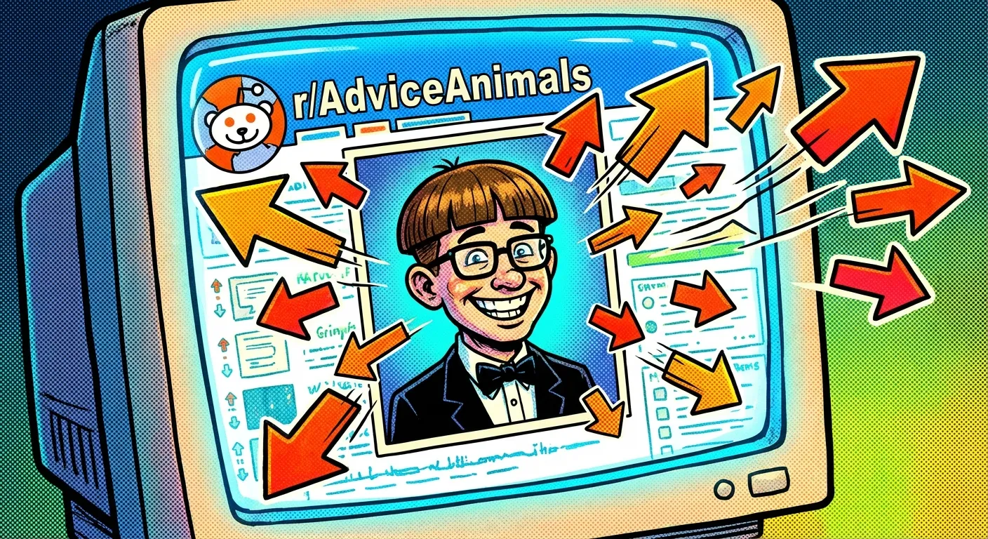 Cartoon illustration of a Reddit page with a yearbook photo going viral, upvote arrows flying everywhere with the r/AdviceAnimals logo