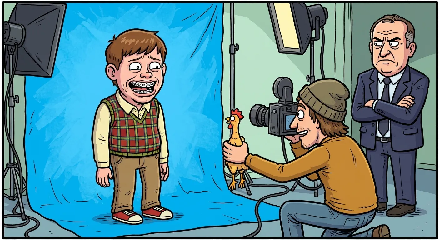 Cartoon illustration of a teenager in a sweater vest making a goofy face for a school photographer while a disapproving principal watches from behind