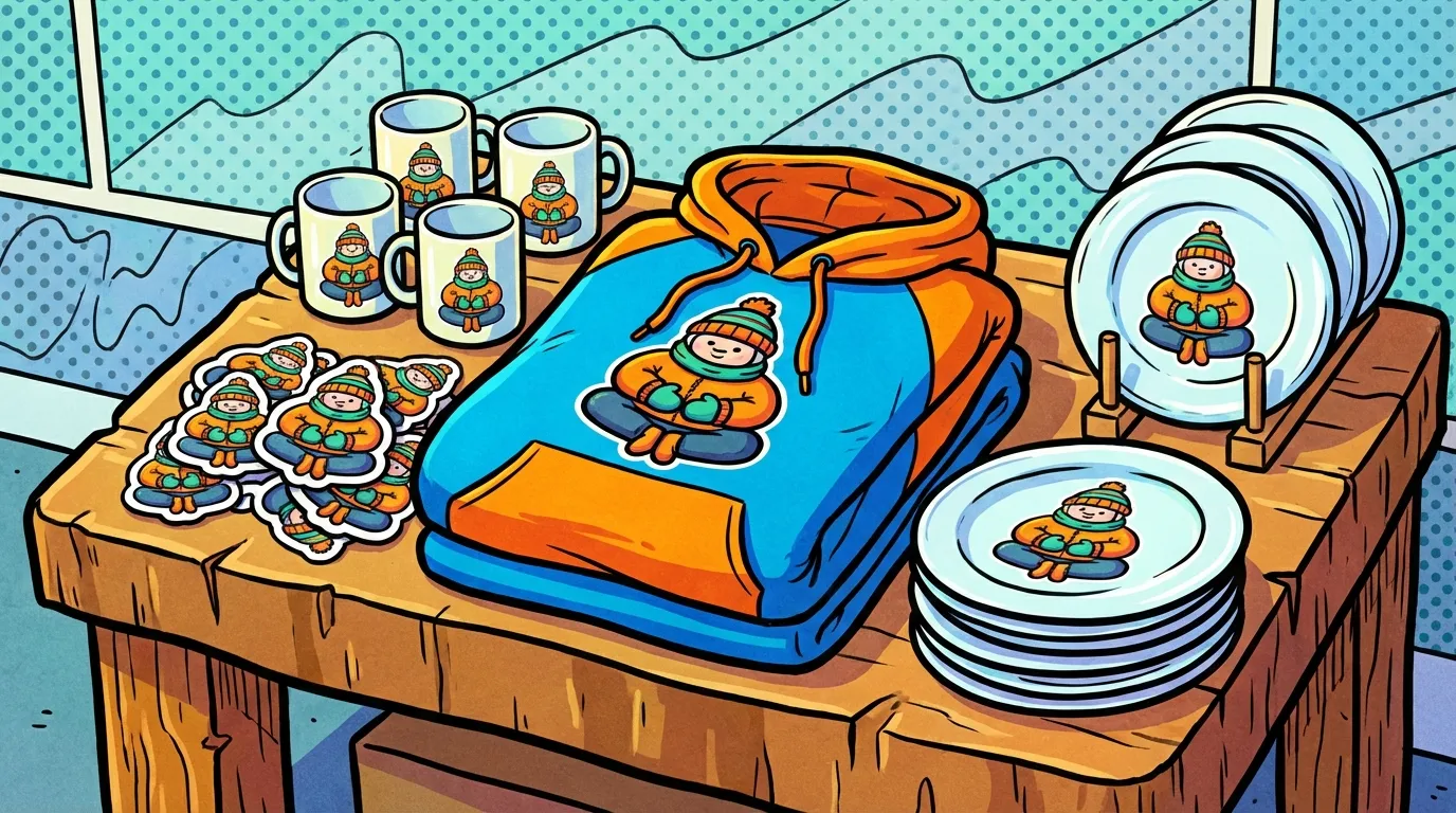 Cartoon illustration of Bernie Sanders mittens merchandise — sweatshirts, mugs, stickers, and plates featuring the iconic sitting figure design