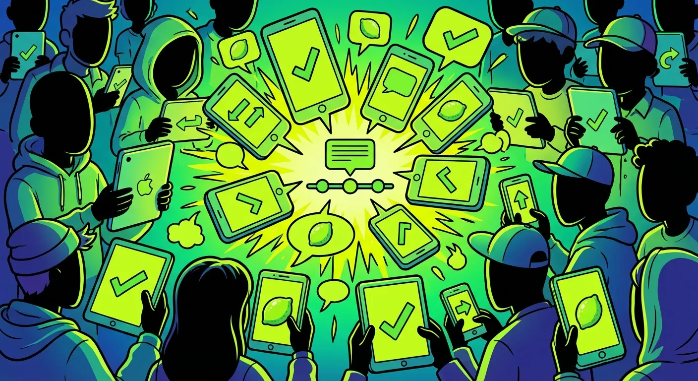 Cartoon illustration of social media exploding with lime-green political memes — phone screens showing green-themed viral content and excited crowd reactions