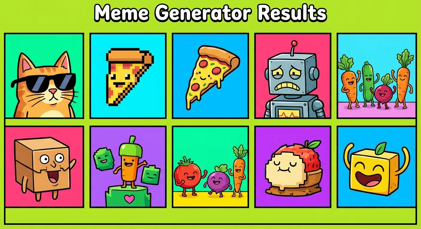 Cartoon illustration of a grid of Brat album cover parodies — multiple lime-green squares with different text, showing the meme generator format that went viral