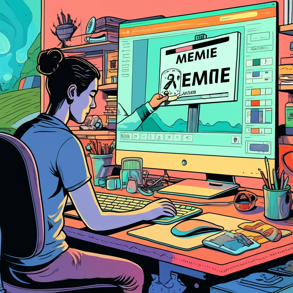 Cartoon illustration of a person at a desk photoshopping text onto the Change My Mind sign template, surrounded by snacks and creative workspace