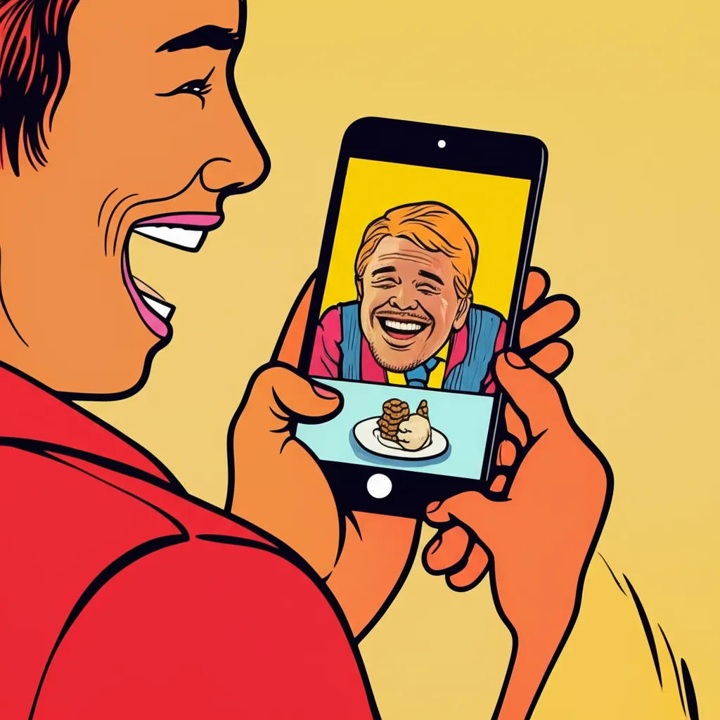 Cartoon illustration of a person laughing while using a phone app to face-swap themselves into the Change My Mind meme template