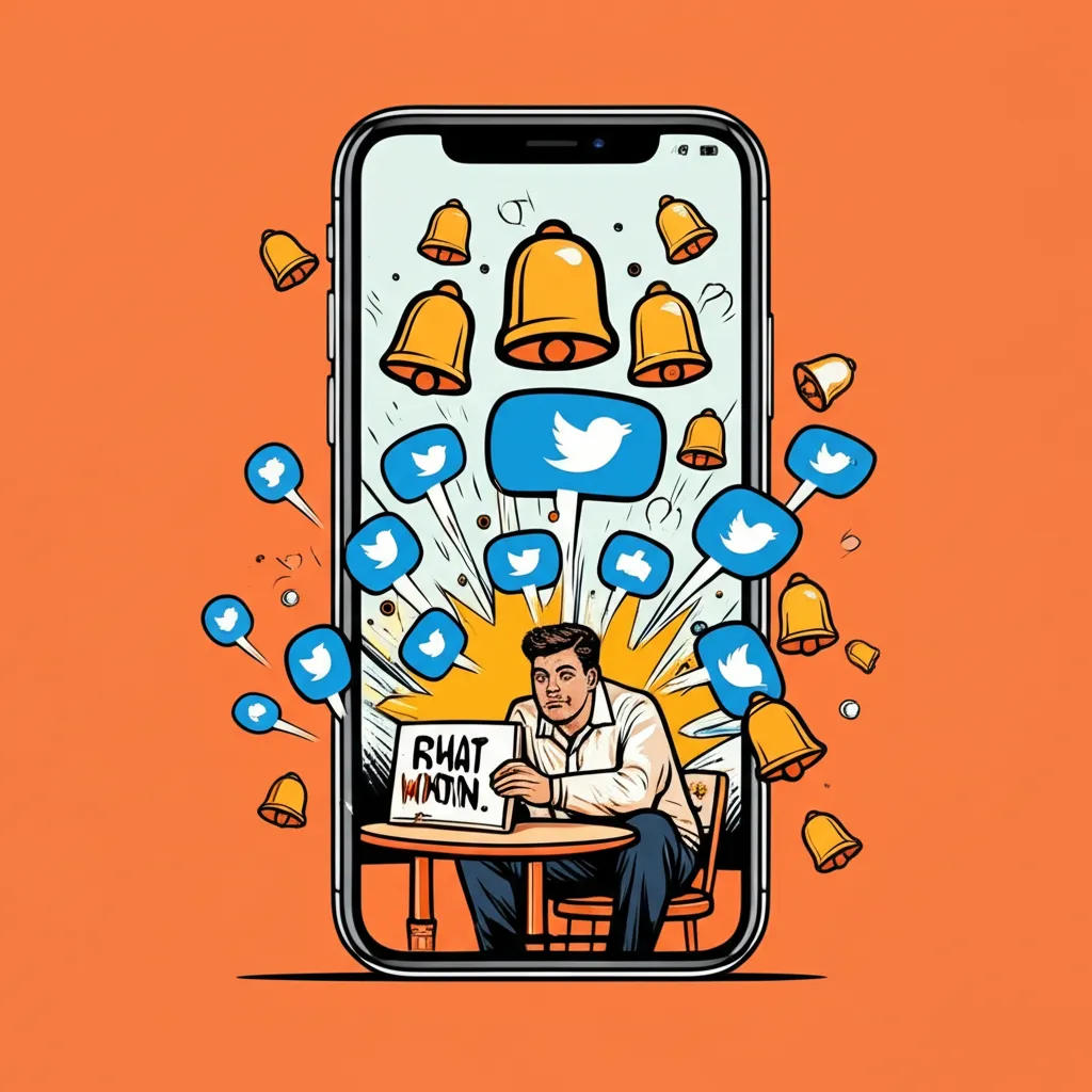 Cartoon illustration of a phone screen showing a viral tweet of the Change My Mind photo, with notification bells and retweet icons exploding around it