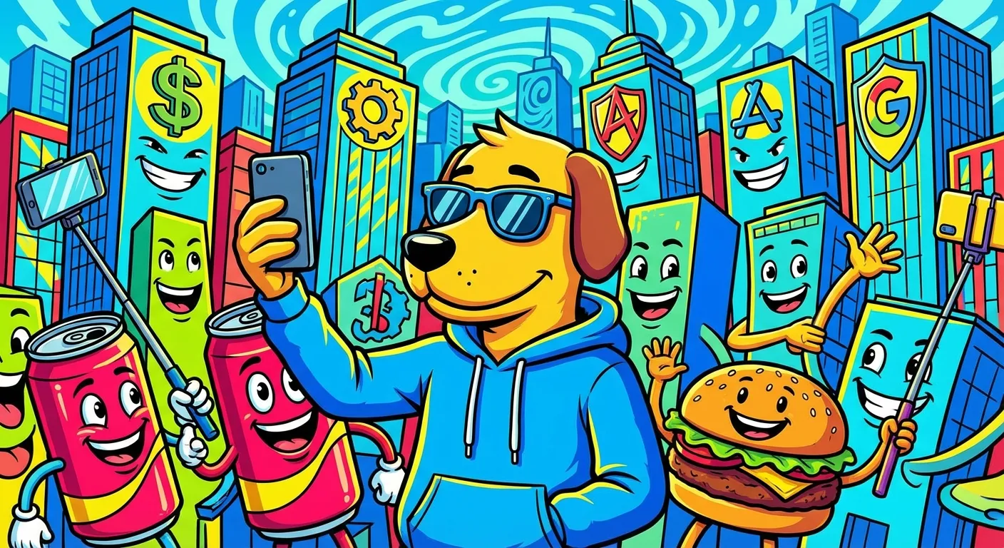 Cartoon illustration of corporate buildings and brand logos crowding around a relaxed cartoon dog character, trying to take selfies while he remains unbothered