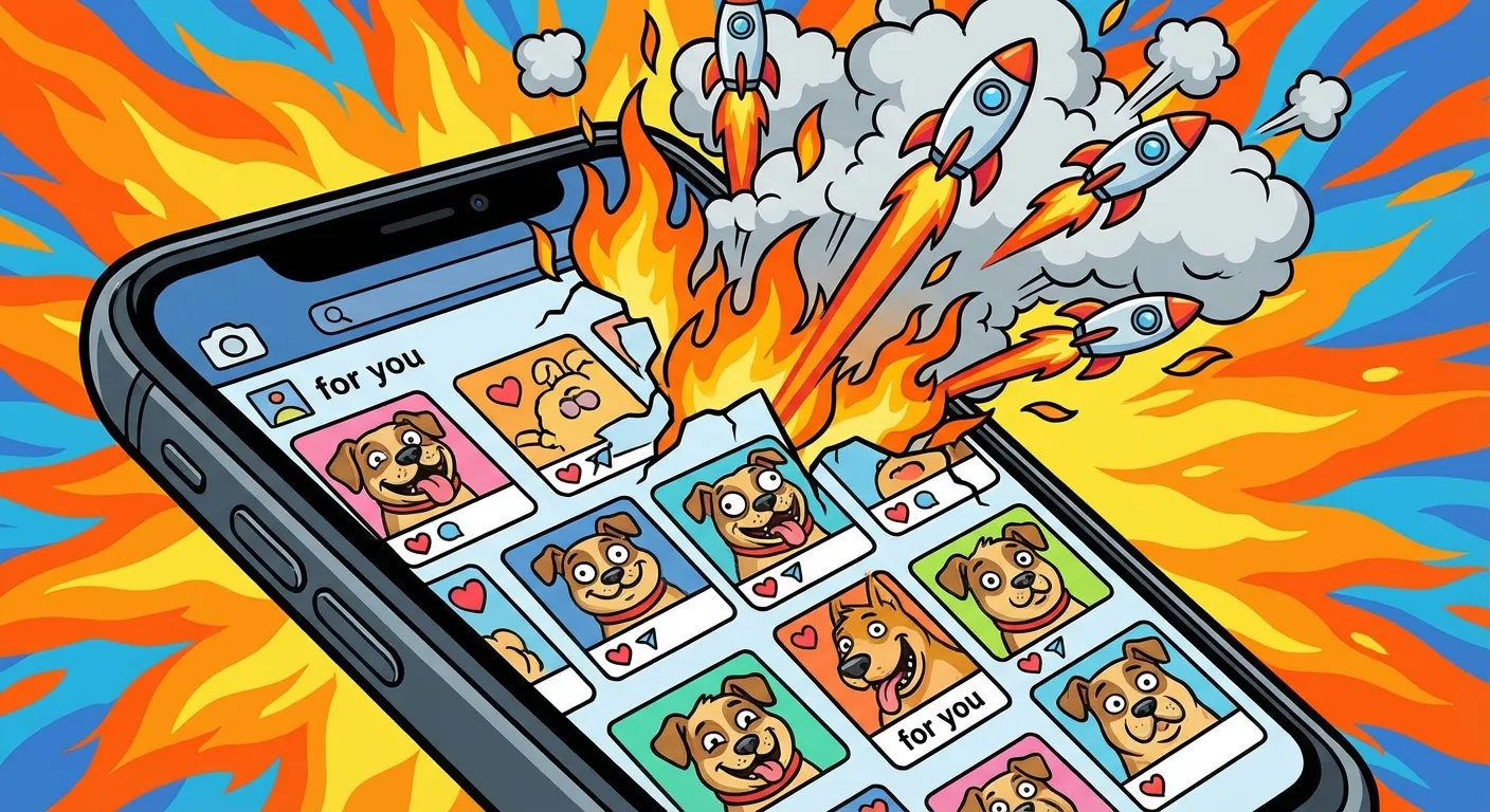 Cartoon illustration of a phone screen showing a TikTok feed exploding with Chill Guy meme posts, with fire and rocket emojis bursting out