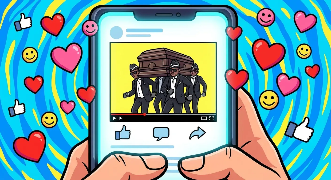 Cartoon illustration of a phone screen showing a viral coffin dance video with millions of views and social media reactions