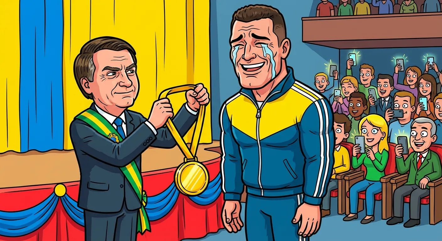 Cartoon illustration of a president awarding a medal to a tall athletic man who is crying tears of joy while audience members hold up phones to capture the moment