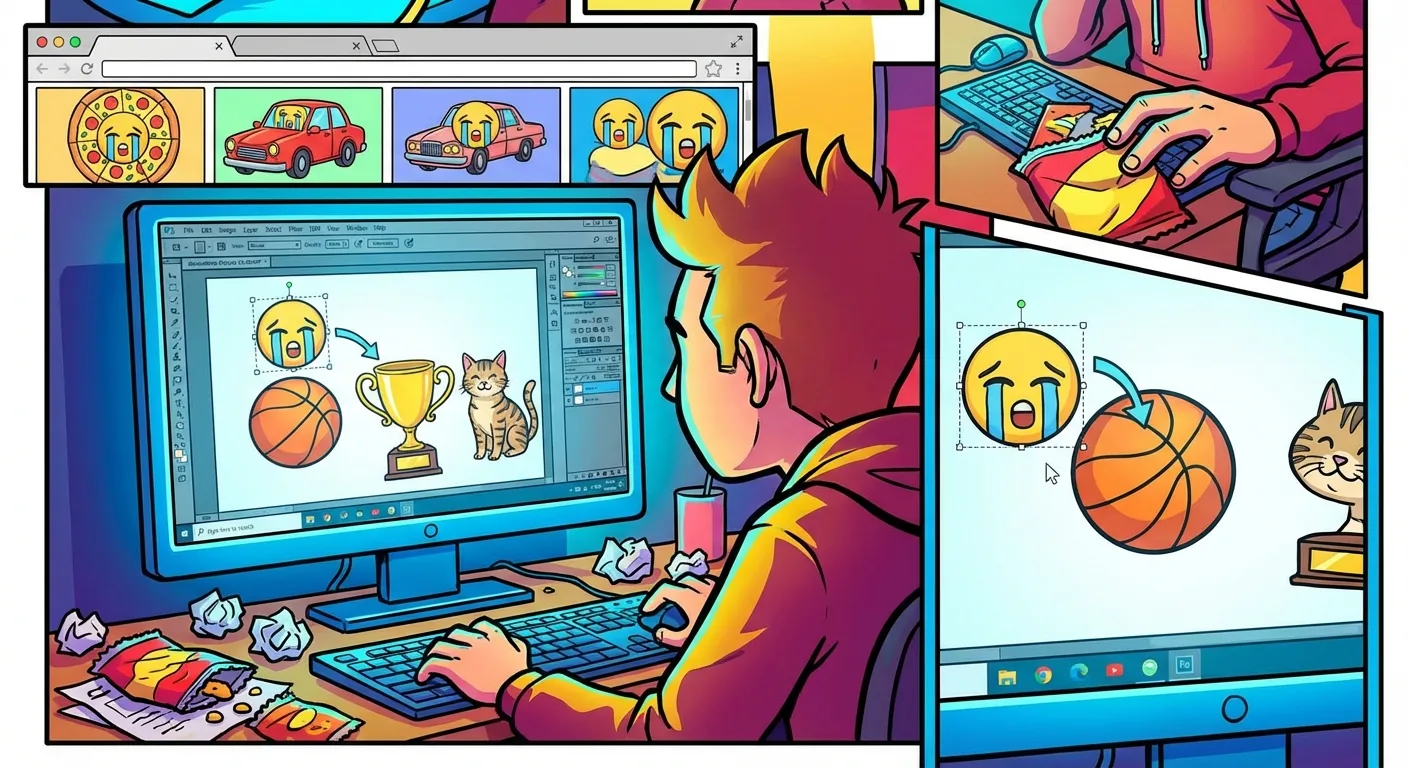 Cartoon illustration of a person at a computer photoshopping the crying jordan face onto various objects, with multiple browser tabs showing different meme variations