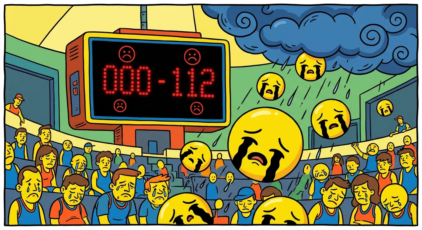 Cartoon illustration of a basketball arena with a devastating loss on the scoreboard and crying face emojis raining from the sky onto dejected fans