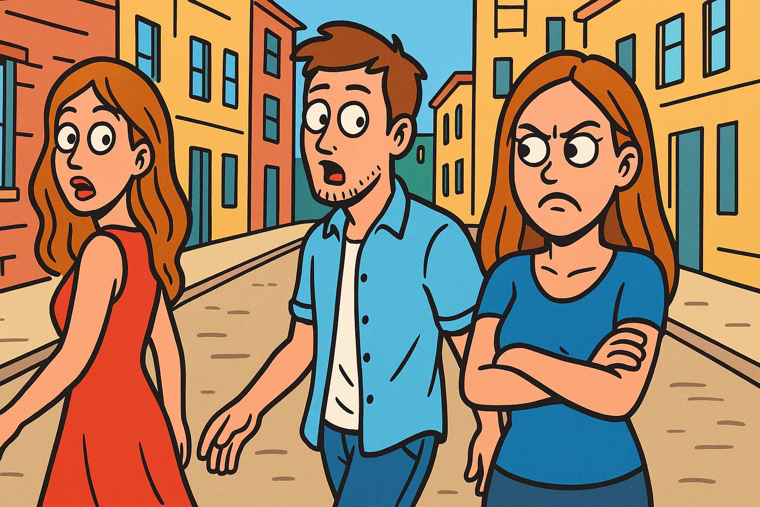 Cartoon illustration of the Distracted Boyfriend meme scene — man checking out another woman while girlfriend looks angry