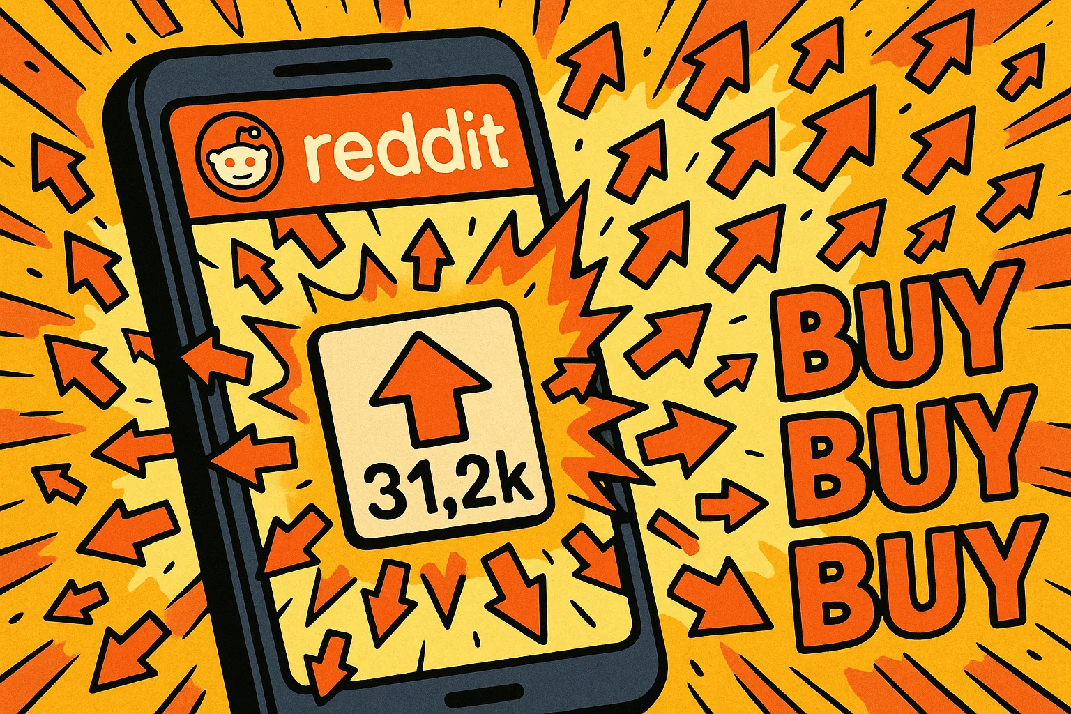 Cartoon illustration of the Distracted Boyfriend meme going viral on Reddit — phone screen showing upvotes exploding with BUY BUY BUY MemeEconomy text