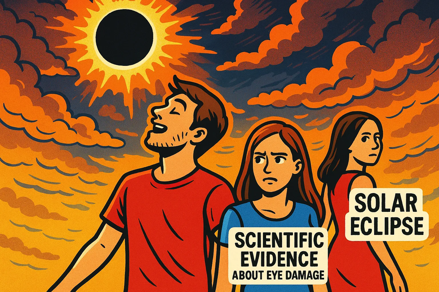 Cartoon illustration of the Distracted Boyfriend meme solar eclipse version — man staring at eclipse while girlfriend is labeled scientific evidence about eye damage