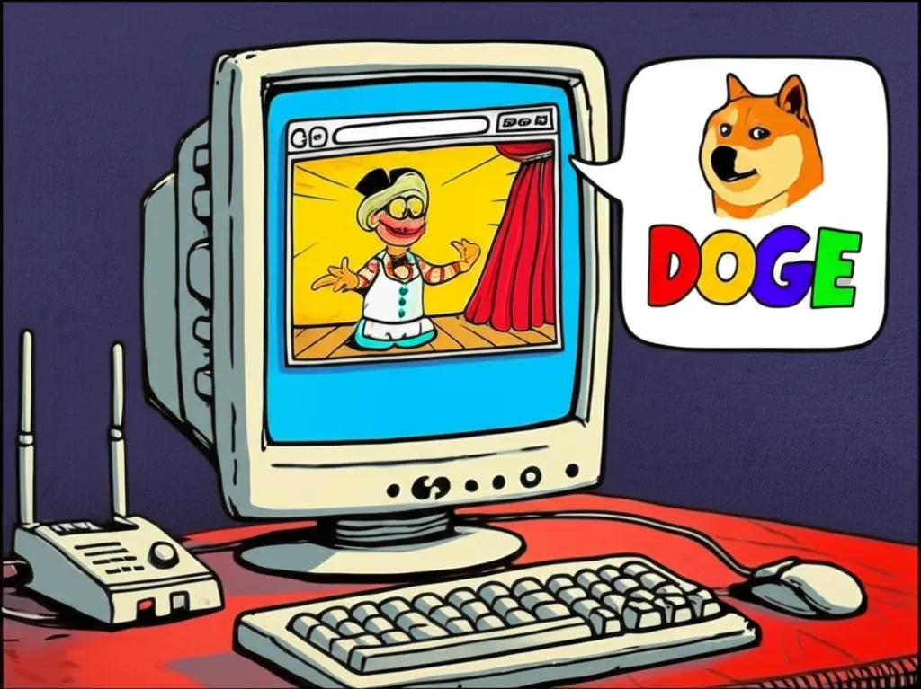 Cartoon illustration of a retro 2005 computer showing a Flash puppet show where the word doge first appeared in Homestar Runner
