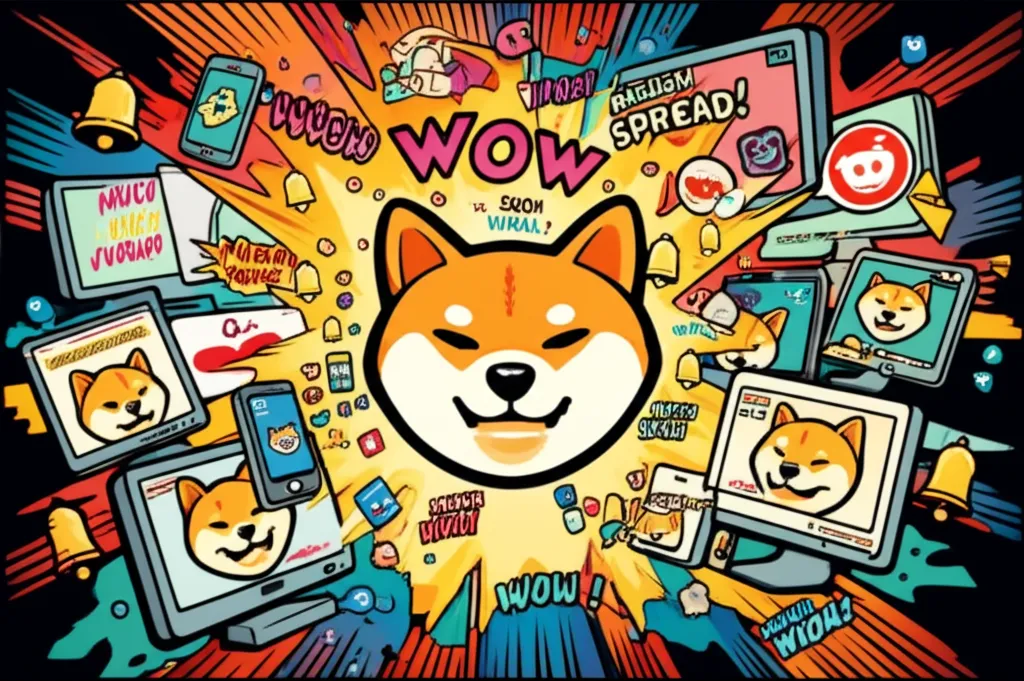 Cartoon illustration of Doge meme going viral across screens showing Tumblr, Reddit, and 4chan with Comic Sans text and notification icons