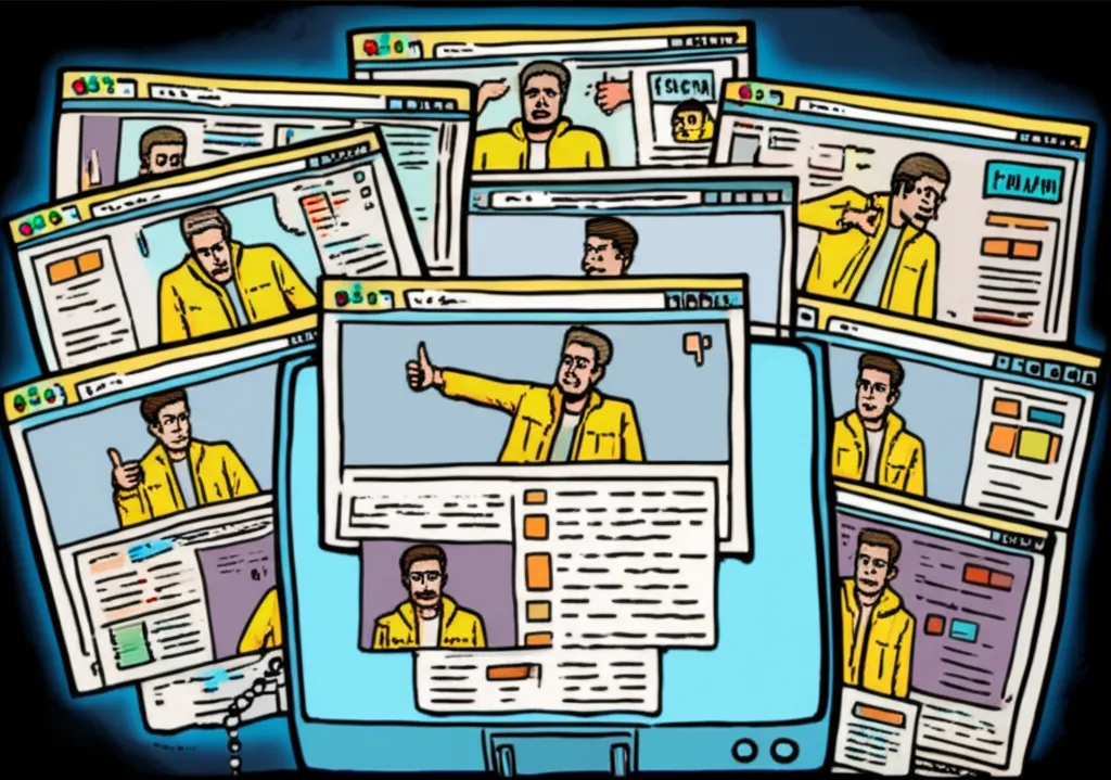 Cartoon illustration of internet forum pages being flooded with Drake Hotline Bling reaction images showing viral spread across imageboards