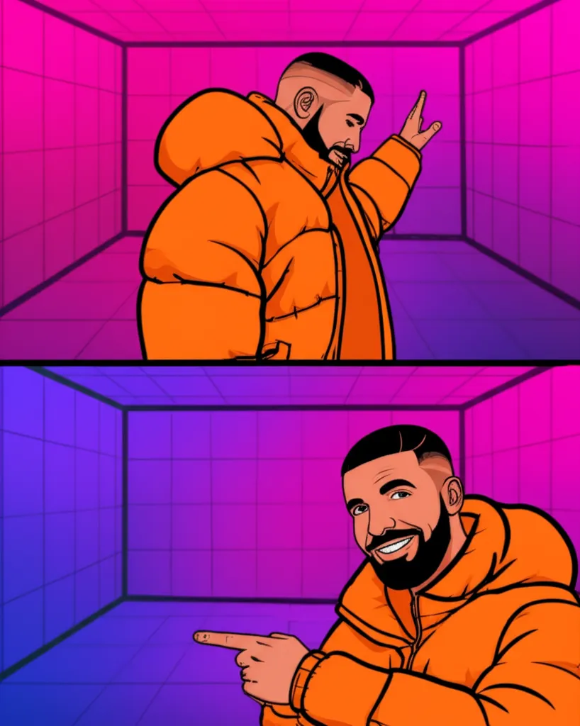 Cartoon illustration of the iconic Drake Hotline Bling two-panel approve/disapprove meme format with neon lighting