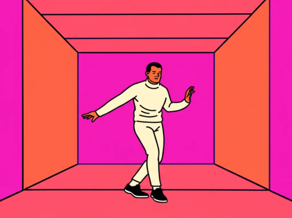Cartoon illustration of Drake dancing in the Hotline Bling music video set with shifting pink orange and purple neon cube lighting