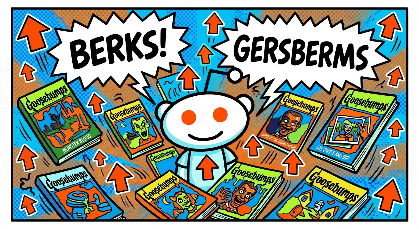 Cartoon illustration of the Ermahgerd meme going viral on Reddit — upvote arrows and Goosebumps books flying everywhere with BERKS speech bubbles