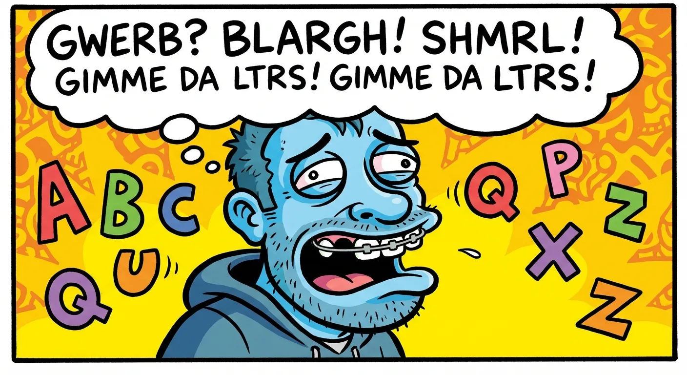 Cartoon illustration of a character with visible braces and retainer speaking with jumbled misspelled speech bubbles, surrounded by floating alphabet letters