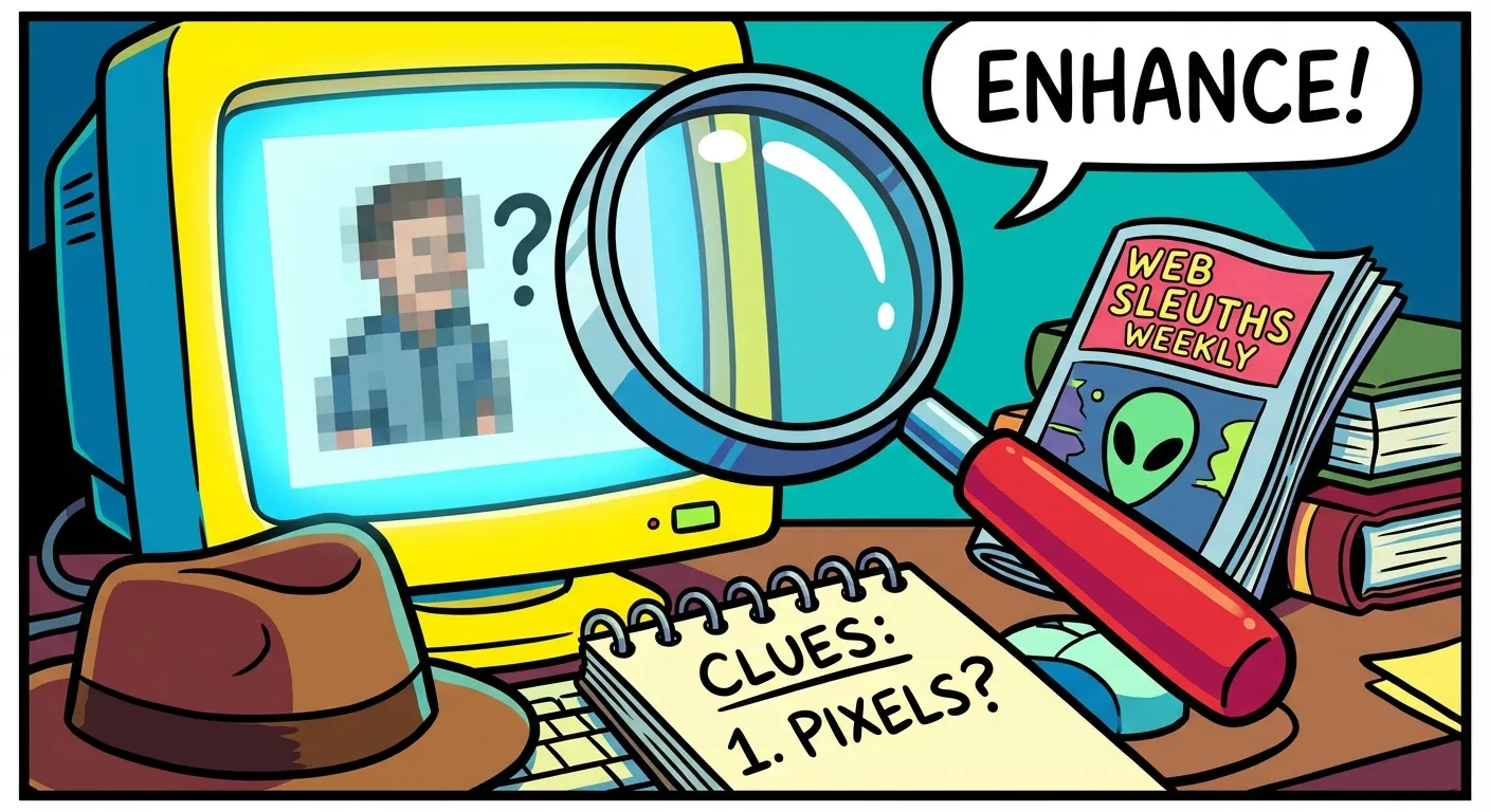 Cartoon illustration of a detective magnifying glass hovering over a computer screen showing a pixelated photo, with a magazine in the background — representing the internet investigation into the Ermahgerd girl's identity
