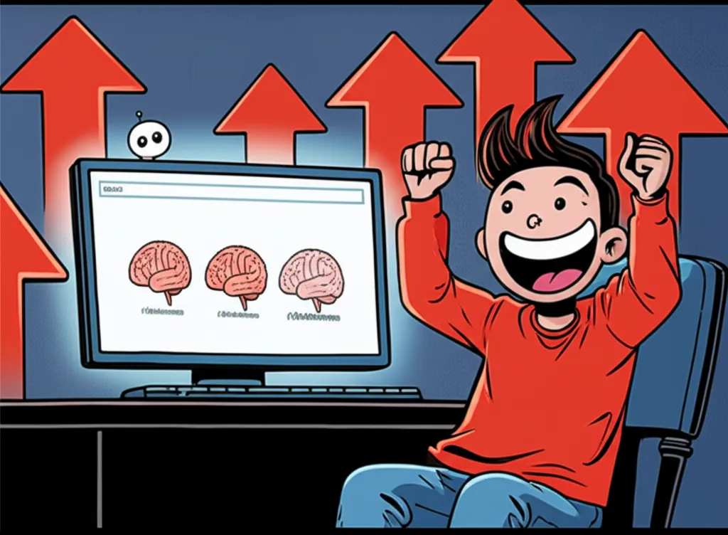 Cartoon scene of the expanding brain meme going viral on Reddit r/dankmemes with upvotes flying in January 2017