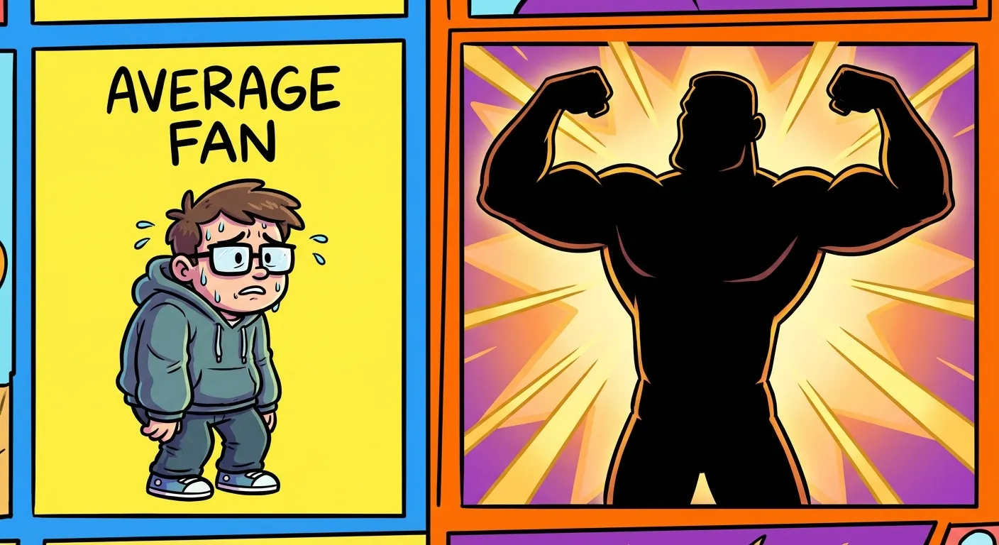 Cartoon illustration of the Average Fan vs Average Enjoyer meme format — a scrawny nervous character on the left contrasted with a confident muscular silhouette radiating golden light on the right