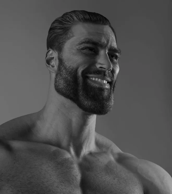 Ernest Khalimov GigaChad portrait from the Sleek N Tears photography project showing the hyper-muscular chiseled jawline that launched the meme