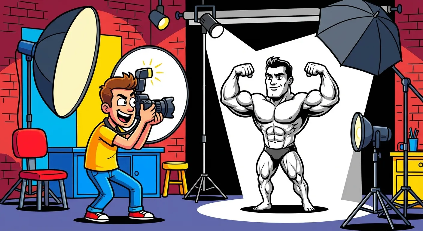 Cartoon illustration of a photography studio scene with a photographer capturing a hyper-muscular male model under dramatic lighting, representing the Sleek N Tears art project origin of GigaChad