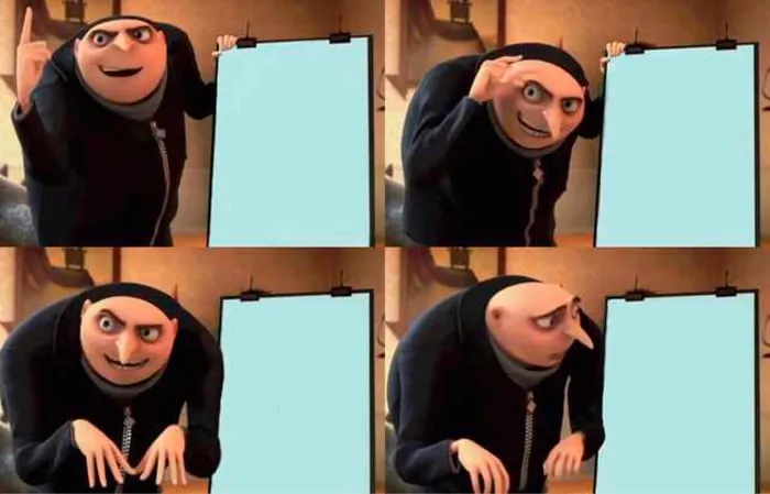 Original Gru's Plan 4-panel meme template showing Gru presenting his whiteboard plan and then looking back in confusion
