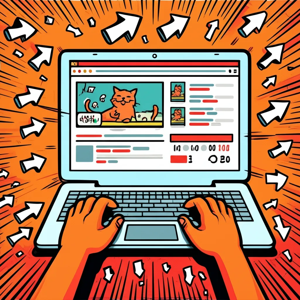 Cartoon illustration of a laptop showing a Reddit front page with a viral cat photo, upvote arrows flying everywhere as the view count climbs
