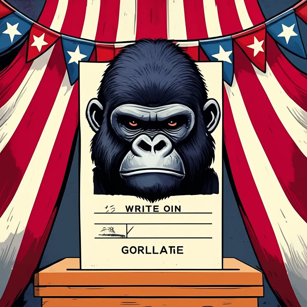 Cartoon illustration of a voting ballot with a gorilla face as a write-in candidate, American flag bunting — representing Harambe as a protest vote in the 2016 election