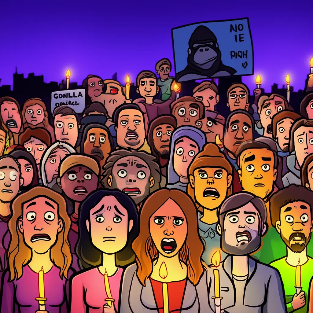 Cartoon illustration of a candlelight vigil with emotional crowds holding candles and signs in memory of Harambe the gorilla