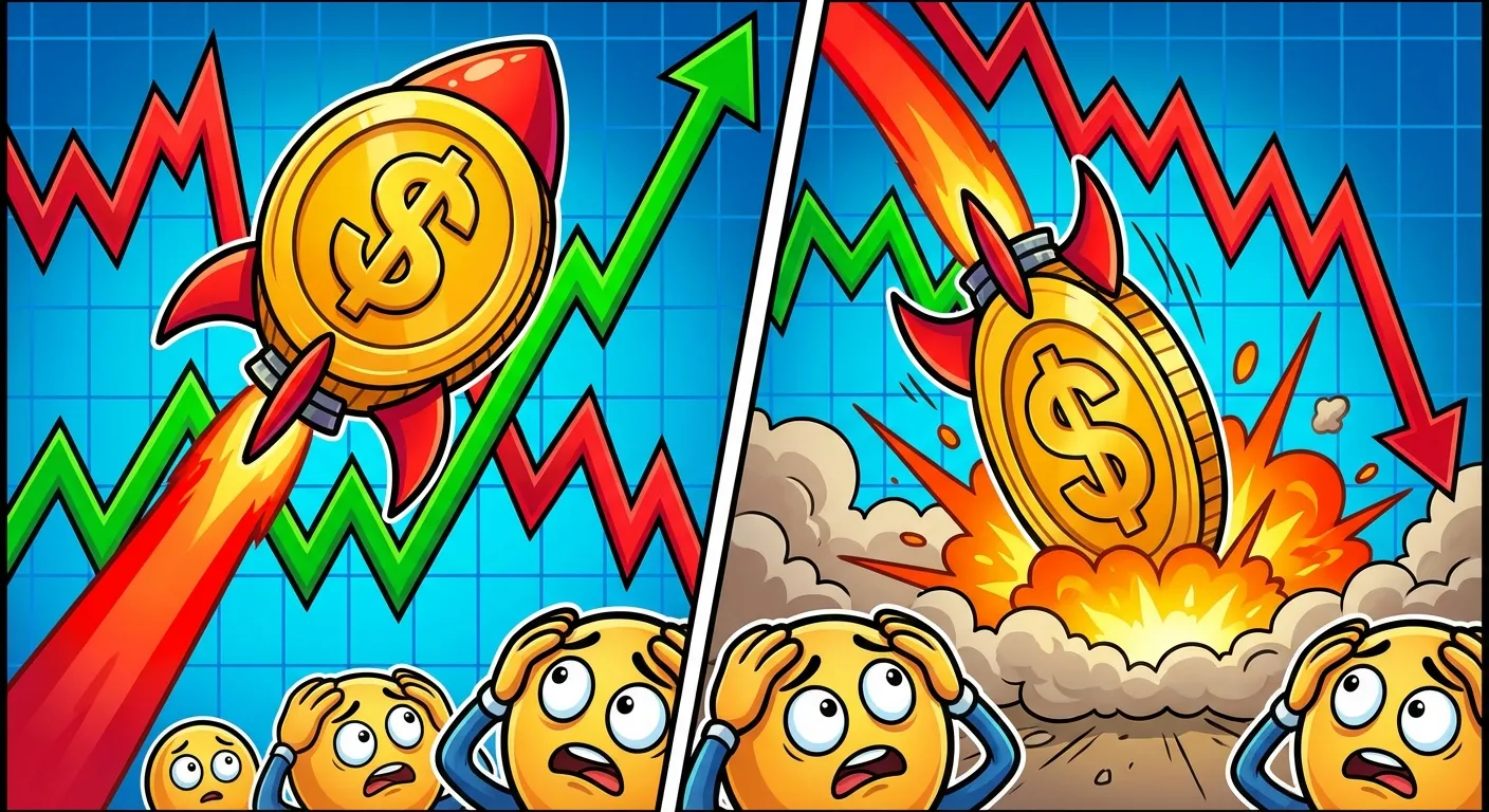 Cartoon illustration of a coin-shaped rocket blasting upward then nose-diving into the ground, with red and green stock chart lines showing a dramatic spike then freefall