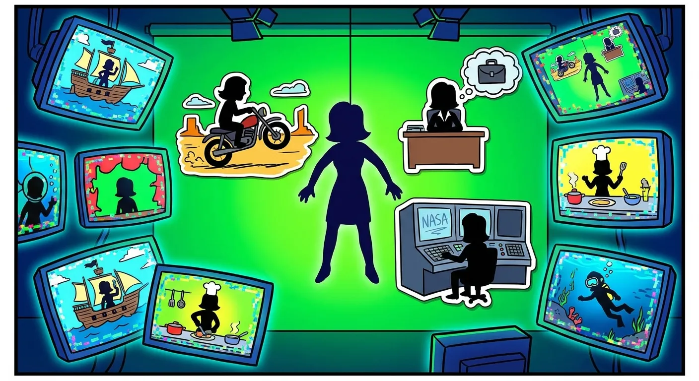 Cartoon illustration of the Hawk Tuah Girl green-screen template being used in ridiculous scenarios — on a motorcycle, at a job interview, at NASA mission control