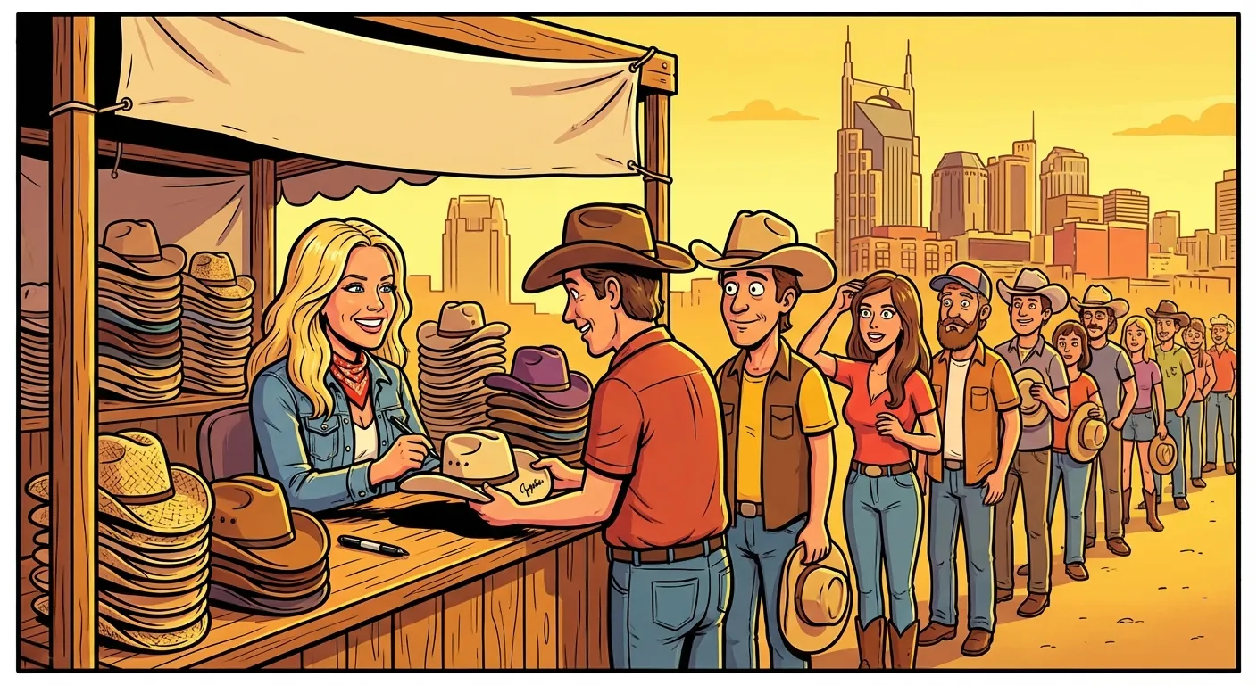 Cartoon illustration of the Hawk Tuah Girl signing cowboy hats at a merchandise booth with a long line of fans and Nashville skyline in background