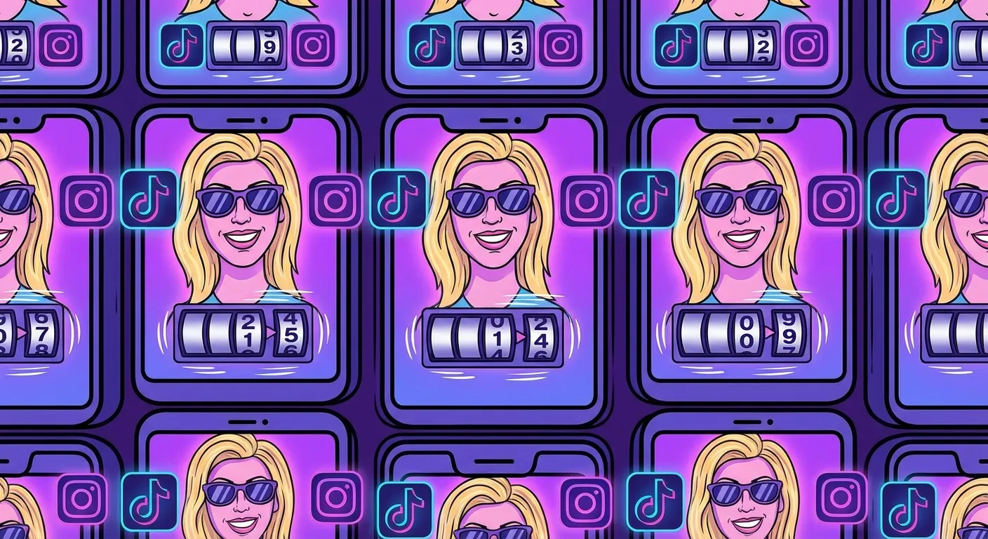 Cartoon illustration of a wall of phone screens all showing the Hawk Tuah Girl going viral, TikTok and Instagram logos visible, view counters spinning to millions