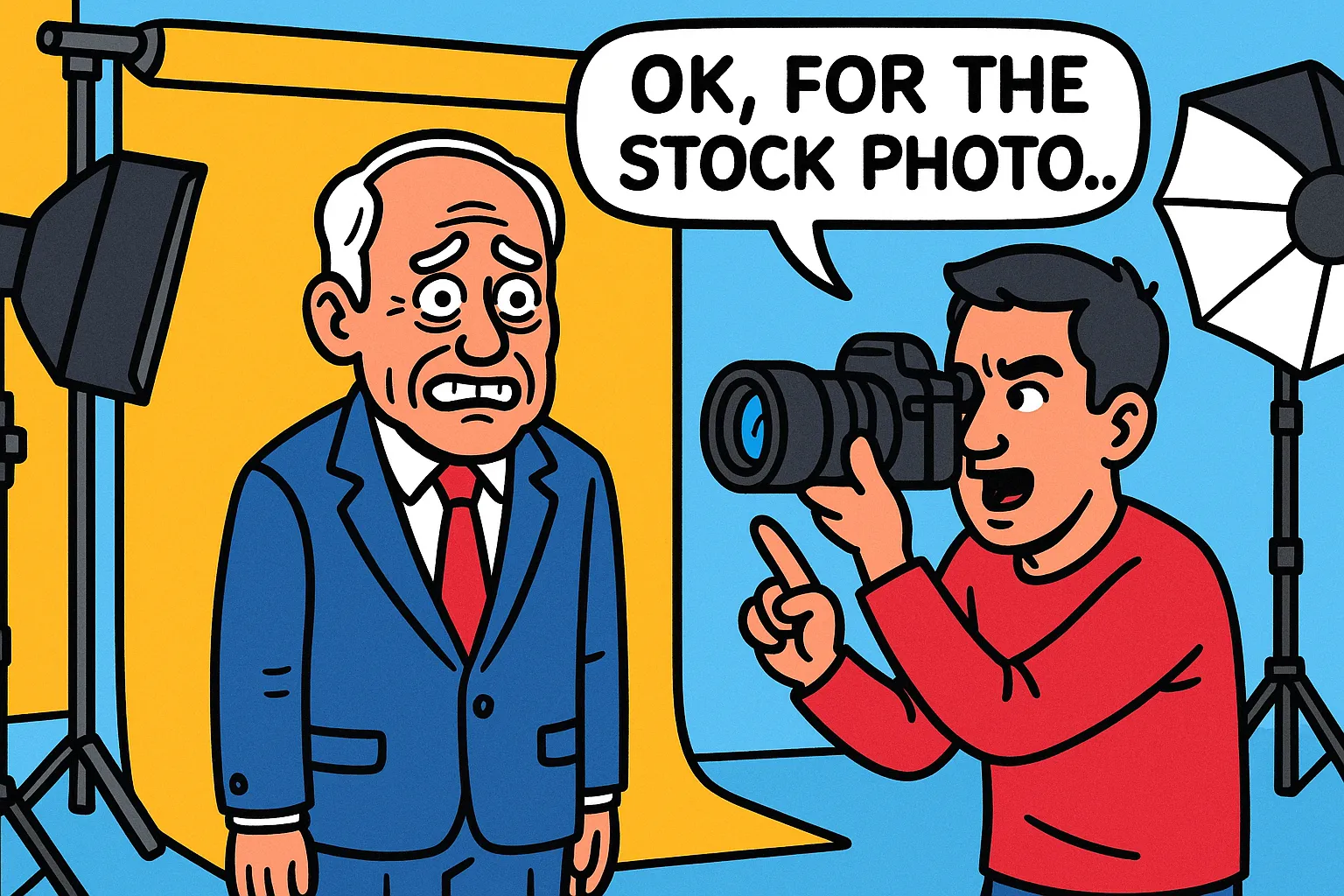 Cartoon of an older man at a stock photography studio shoot with a forced smile