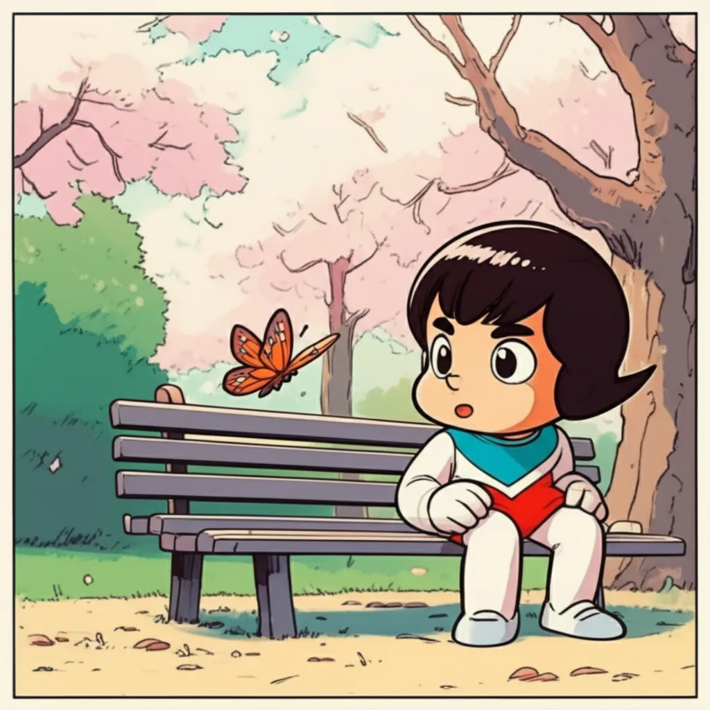 Cartoon illustration of the original Fighbird anime scene with Katori the android studying nature in a park with cherry blossoms, looking at a butterfly with intense curiosity