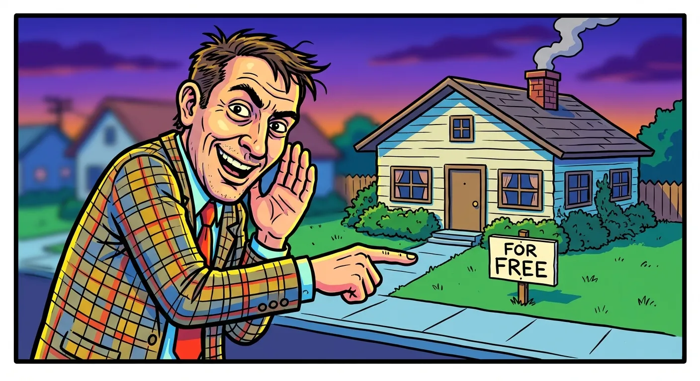 Cartoon illustration of a man in a cheap suit whispering conspiratorially while pointing at a house with a free sign, inspired by the Its Free Real Estate meme