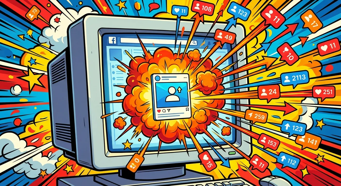 Cartoon illustration of a computer screen showing a social media post going viral with upvote arrows and notification numbers exploding